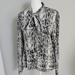 Vintage Allison Taylor 100% Silk Snakeskin Print Tie Bow Neck Blouse M